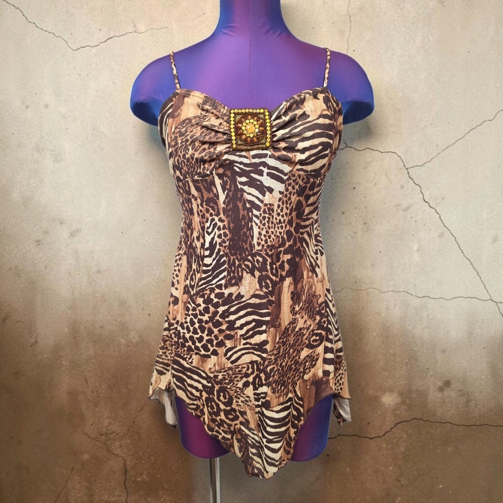 MKM Designs Animal Print Handkerchief Hem Top Beaded Medallion Small Y2K